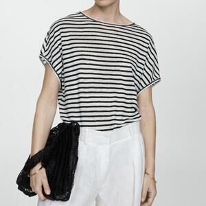 Mango Linen Oversized Short-Sleeve Striped T-Shirt Black NWT XS